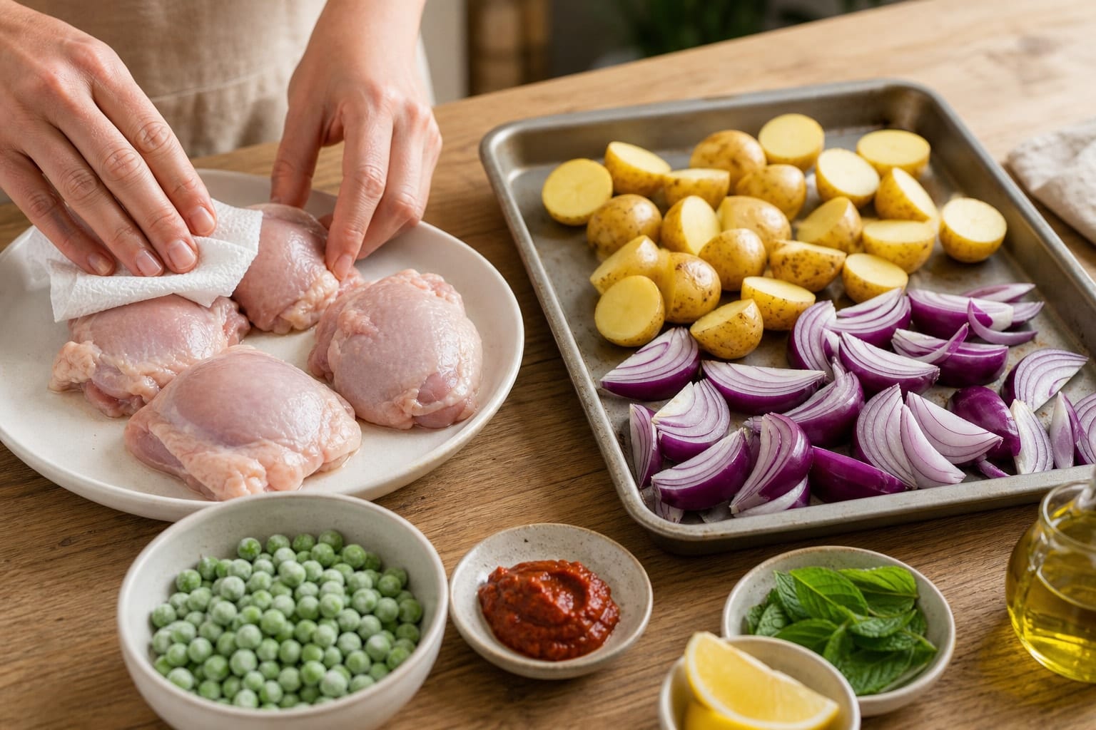Harissa Chicken Pea Traybake cooking step 1: Prepare the tray.