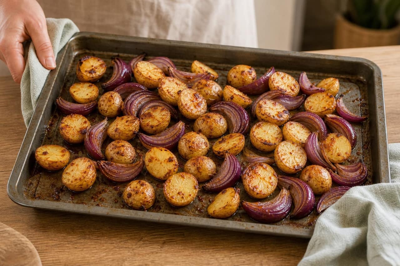 Harissa Chicken Pea Traybake cooking step 3: Roast the vegetables.