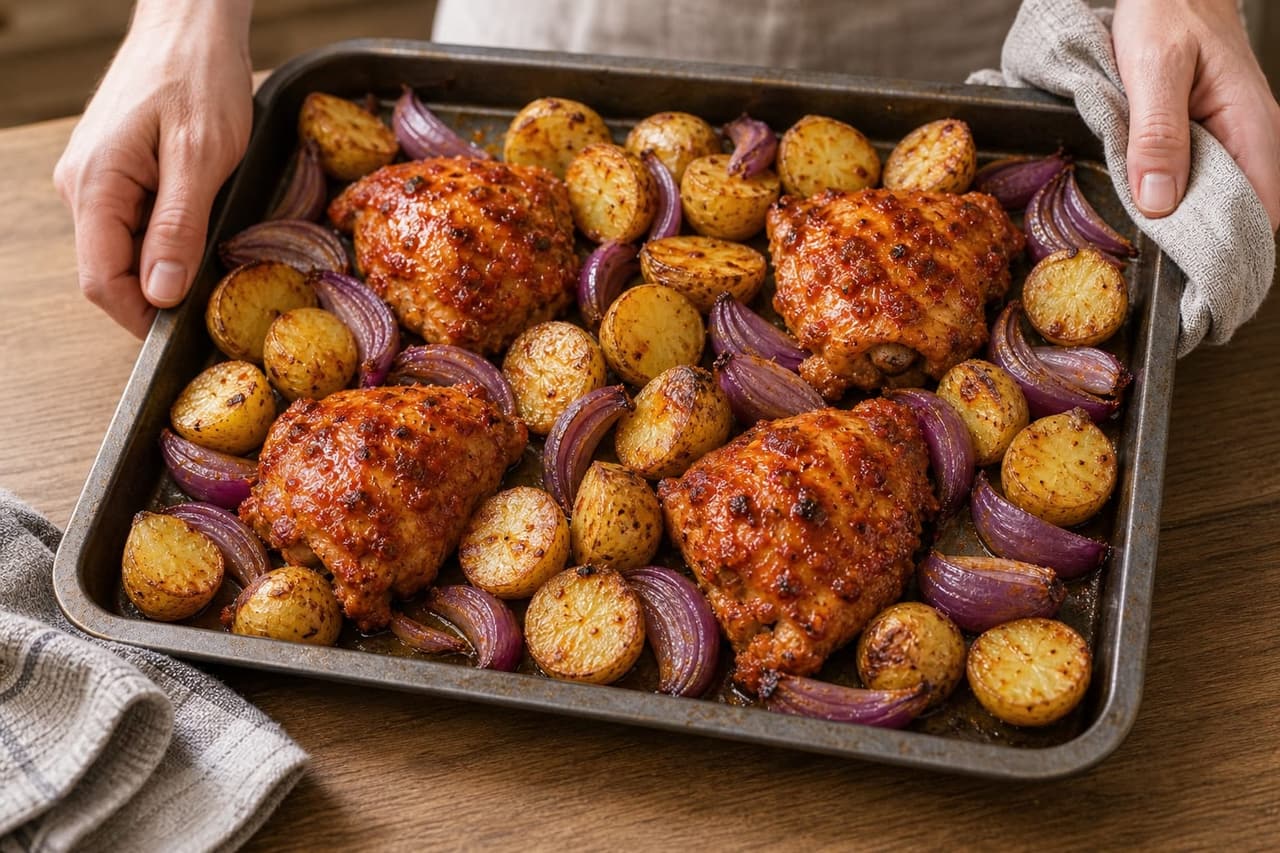 Harissa Chicken Pea Traybake cooking step 4: Add the protein.