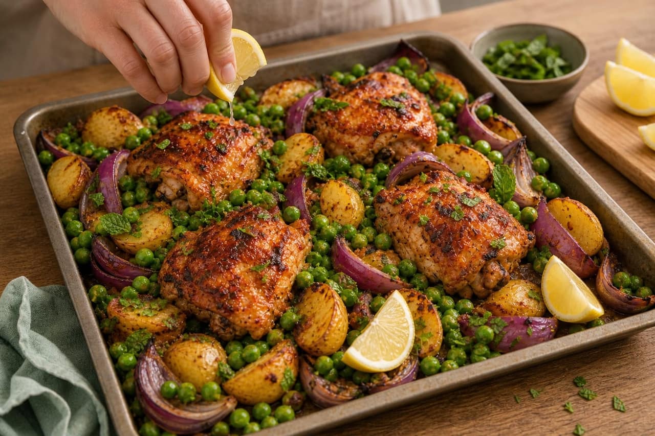 Harissa Chicken Pea Traybake cooking step 5: Finish with peas.