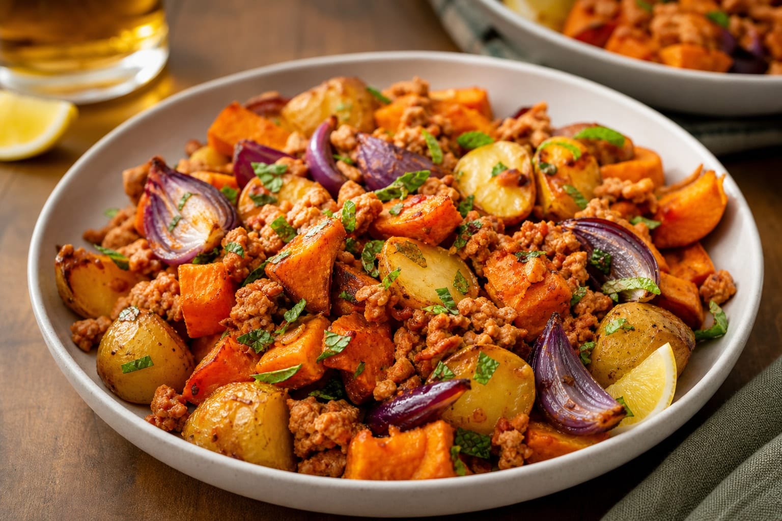 Harissa Turkey Sweet Potato Traybake plated and ready to serve.