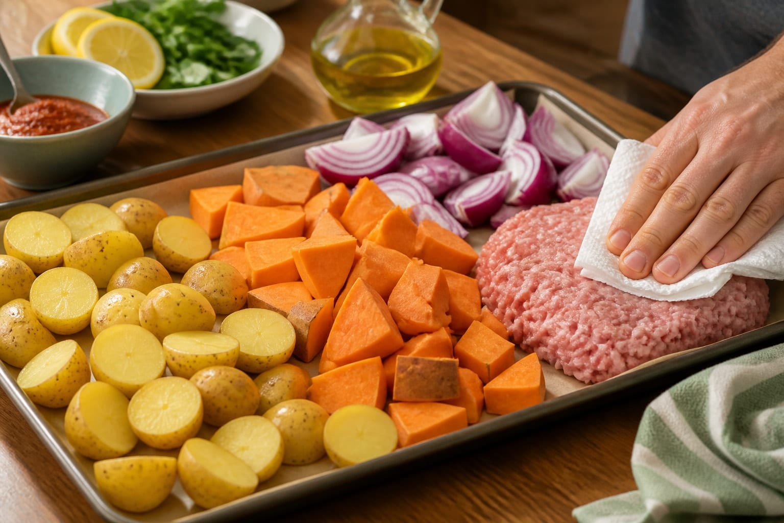Harissa Turkey Sweet Potato Traybake cooking step 1: Prepare the tray.