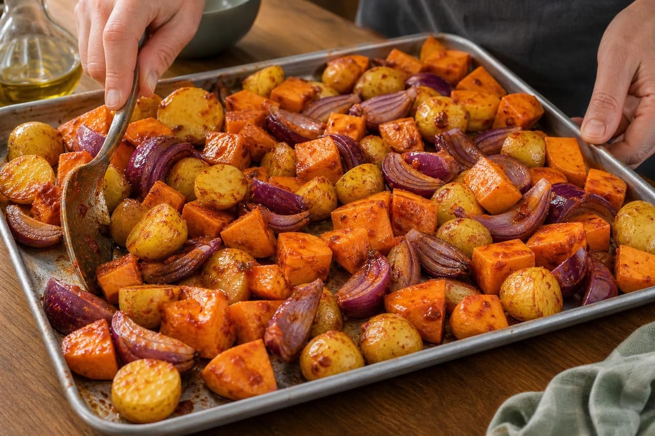 Harissa Turkey Sweet Potato Traybake cooking step 2: Season the base.