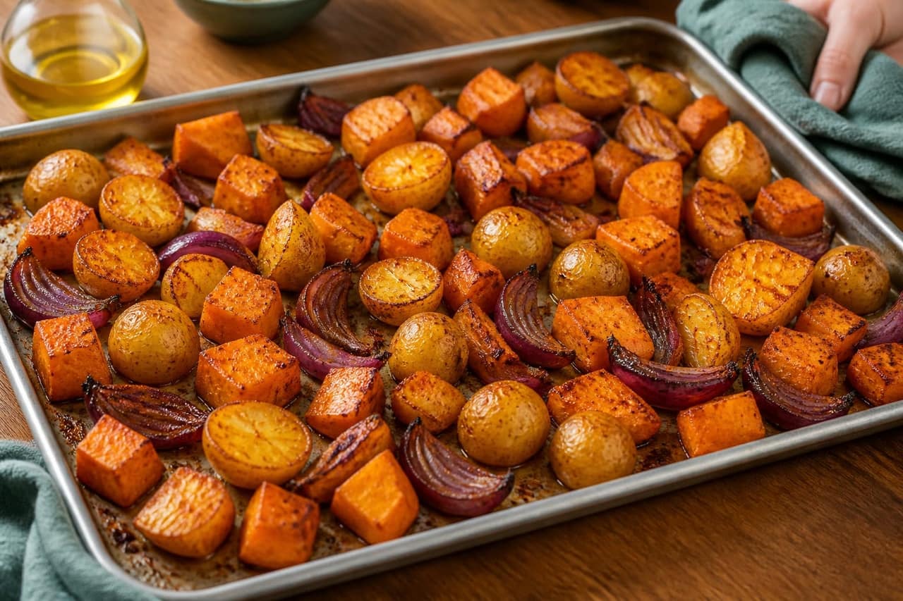 Harissa Turkey Sweet Potato Traybake cooking step 3: Roast the vegetables.