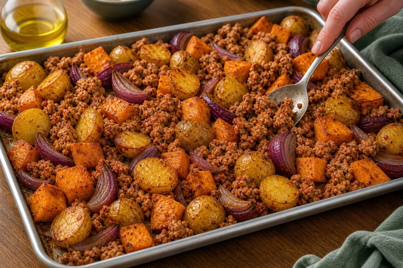 Harissa Turkey Sweet Potato Traybake cooking step 4: Add the protein.