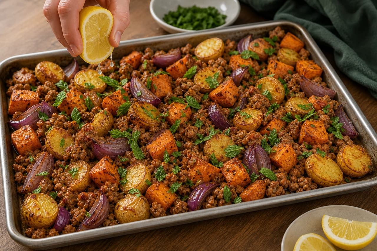 Harissa Turkey Sweet Potato Traybake cooking step 5: Add freshness.
