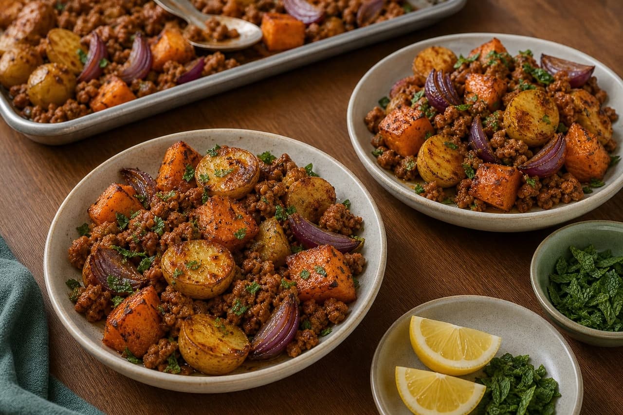 Harissa Turkey Sweet Potato Traybake cooking step 6: Serve.
