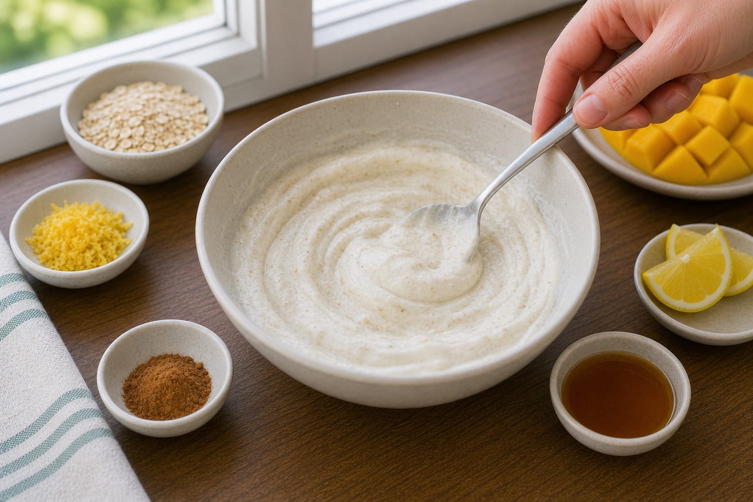 Mango Almond Yoghurt Pots cooking step 2: Flavour the yoghurt.
