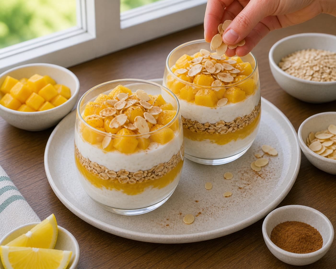 Mango Almond Yoghurt Pots cooking step 5: Add crunch.