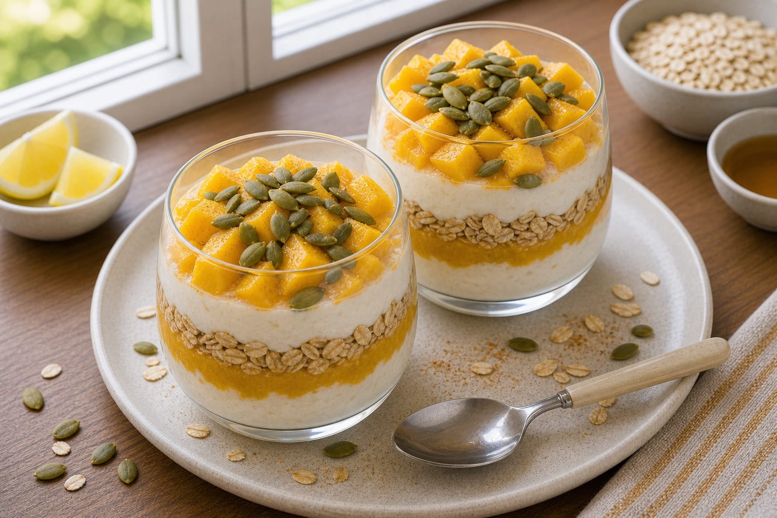 Mango Pumpkin Seed Yoghurt Pots plated and ready to serve.
