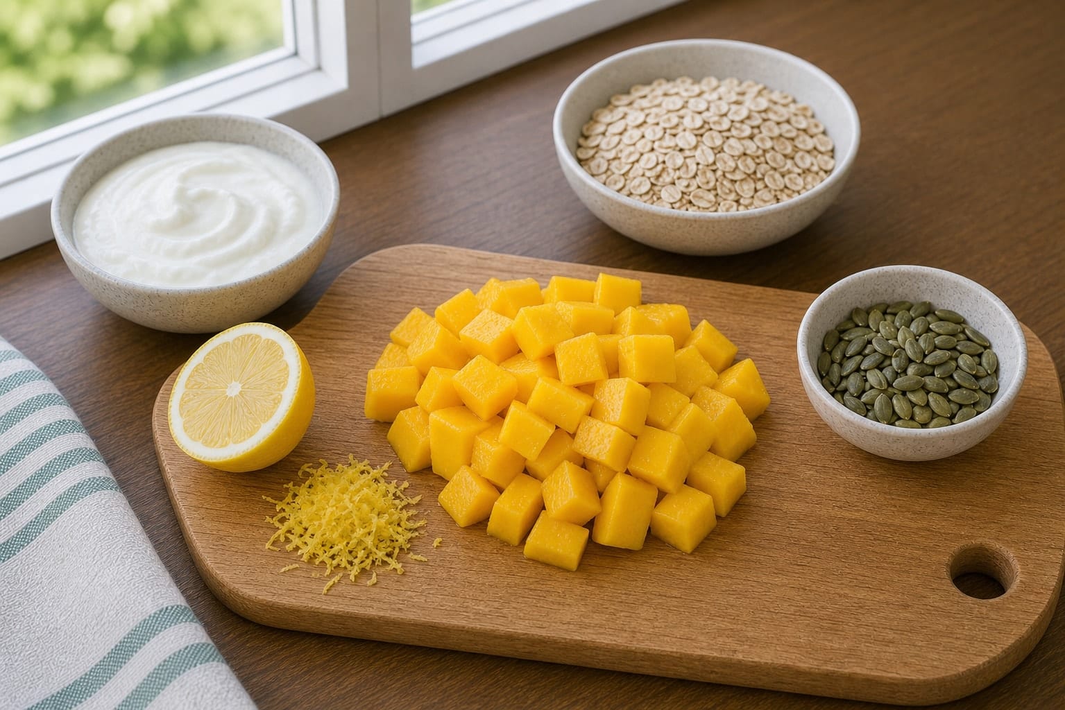 Mango Pumpkin Seed Yoghurt Pots cooking step 1: Prepare the fruit.