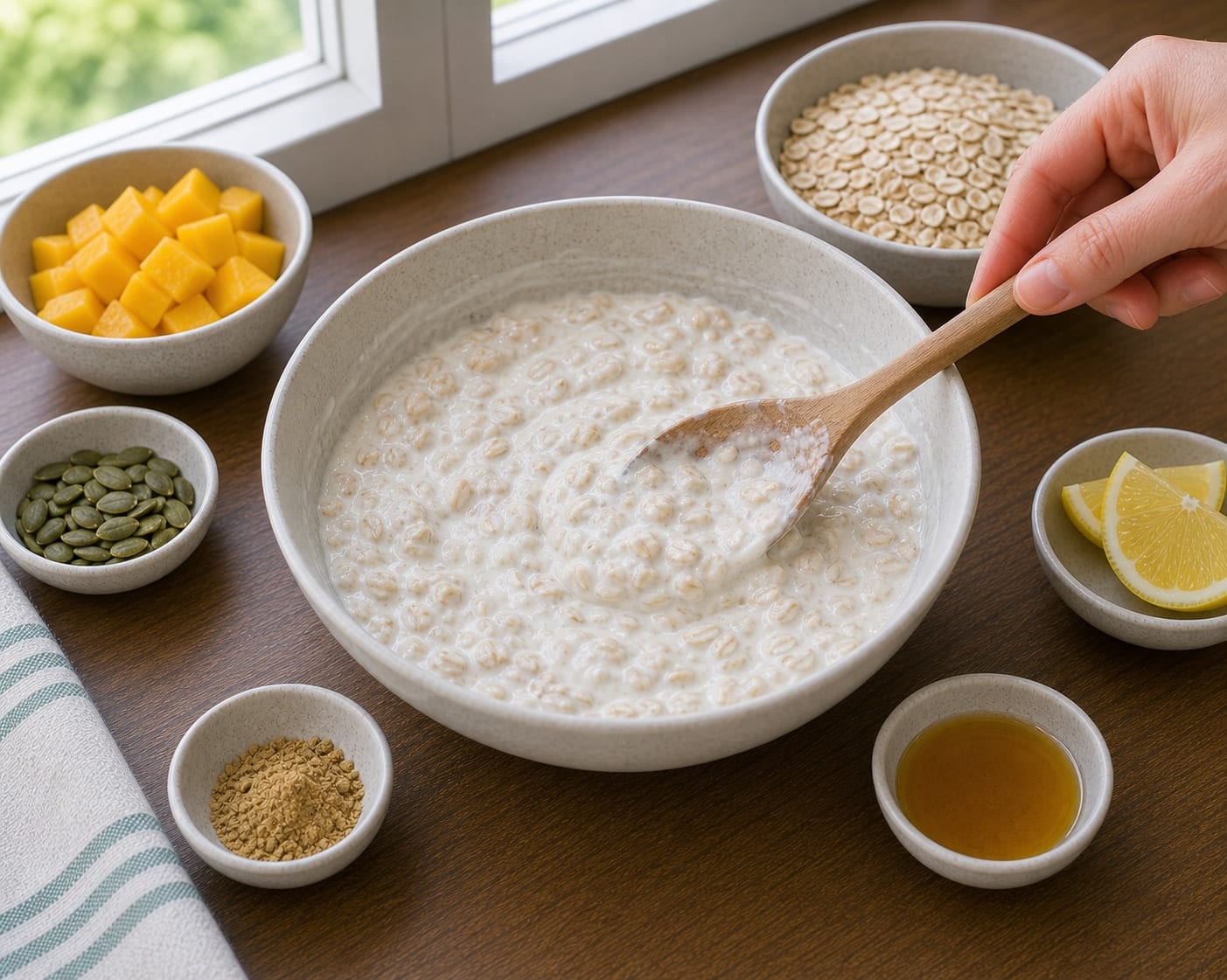 Mango Pumpkin Seed Yoghurt Pots cooking step 3: Soften the oats.