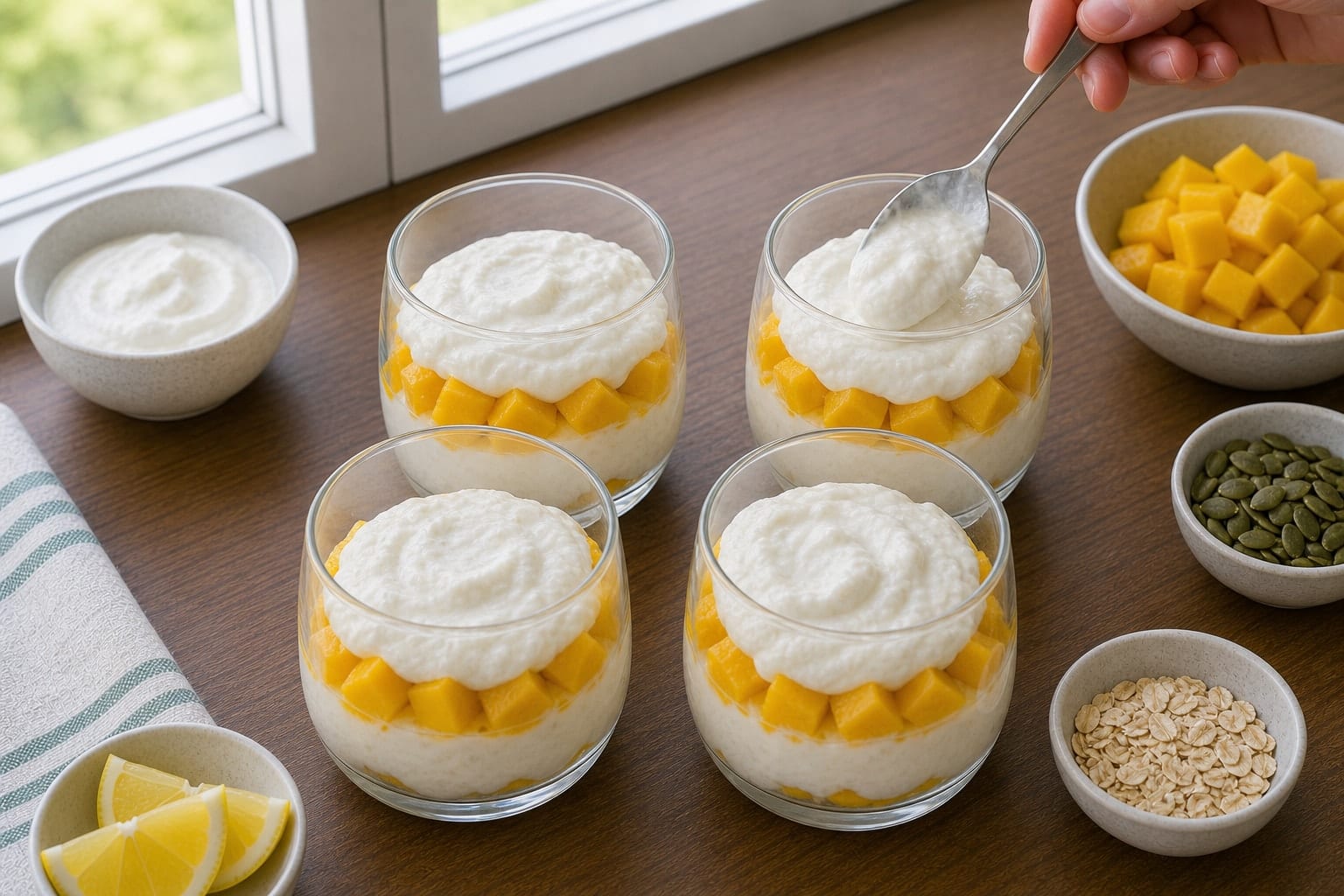 Mango Pumpkin Seed Yoghurt Pots cooking step 4: Layer the pots.