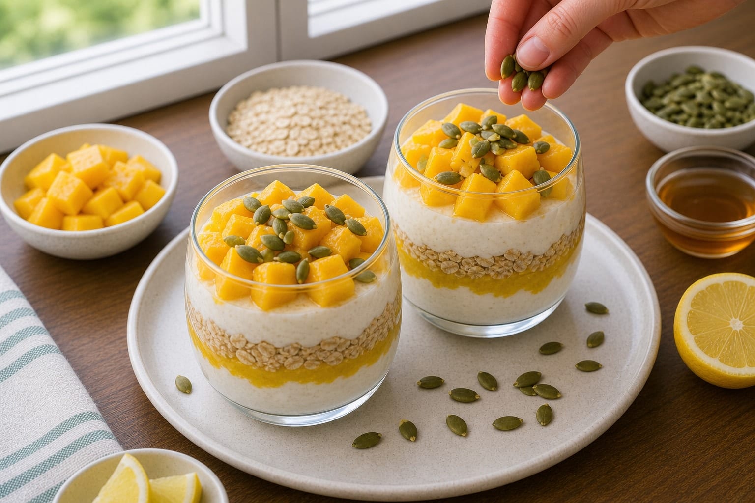 Mango Pumpkin Seed Yoghurt Pots cooking step 5: Add crunch.