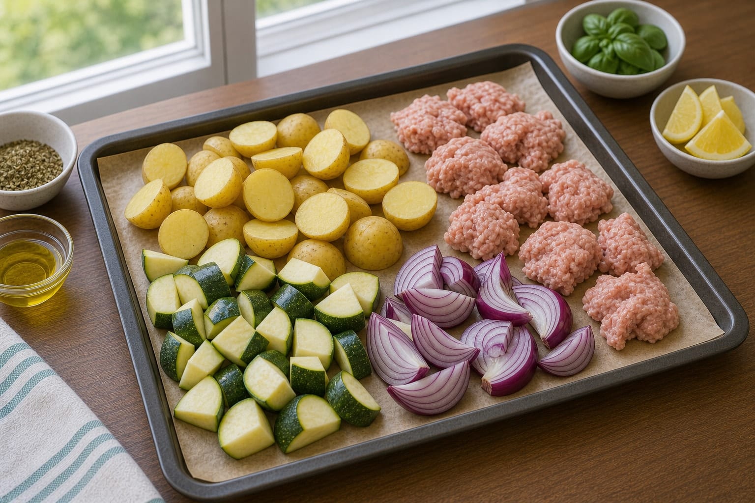 Oregano Turkey Courgette Traybake cooking step 1: Prepare the tray.