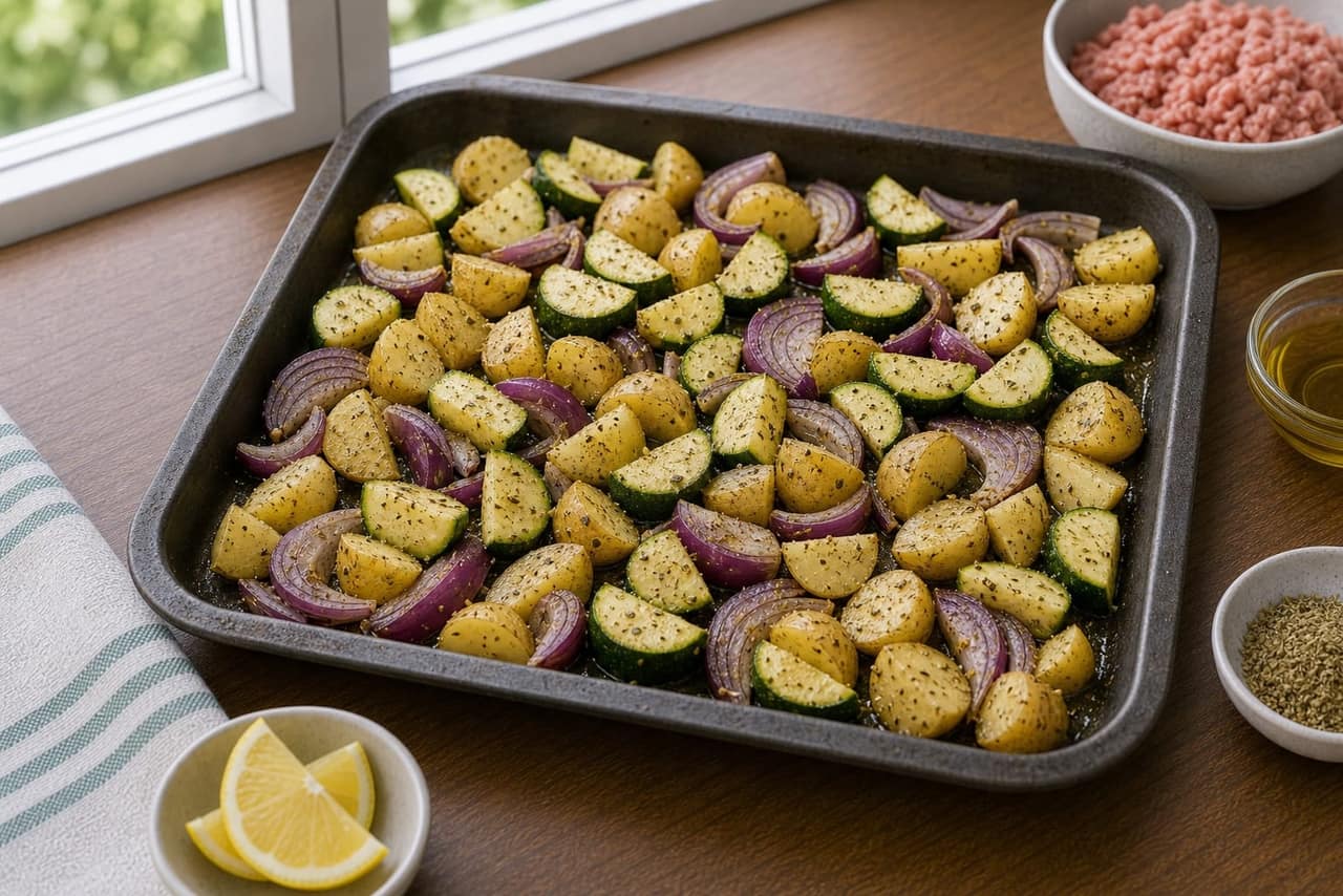 Oregano Turkey Courgette Traybake cooking step 2: Season the base.