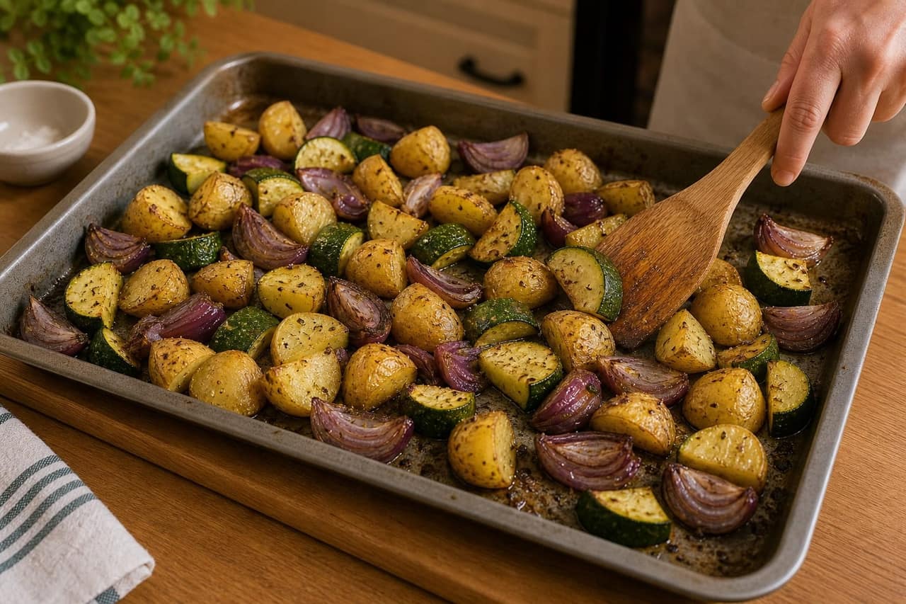 Oregano Turkey Courgette Traybake cooking step 3: Roast the vegetables.