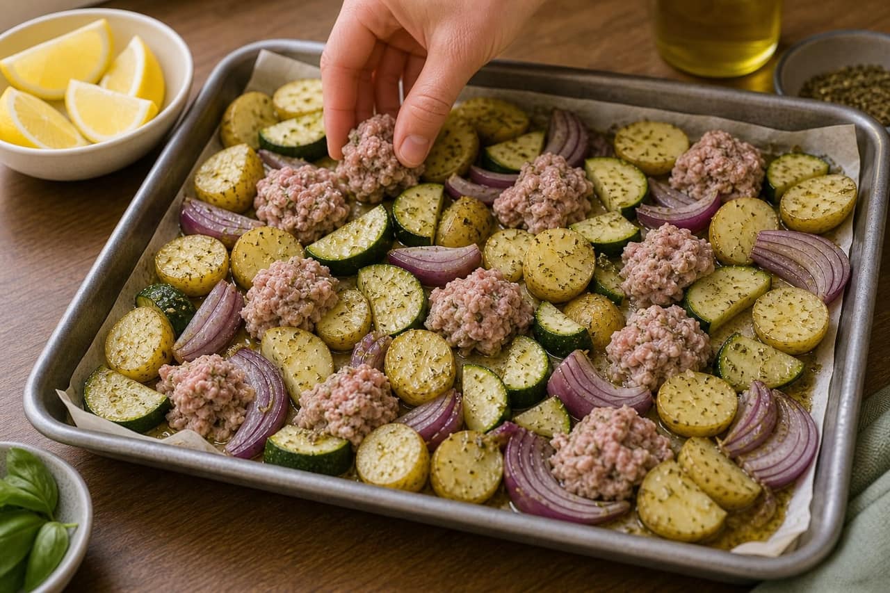 Oregano Turkey Courgette Traybake cooking step 4: Add the protein.