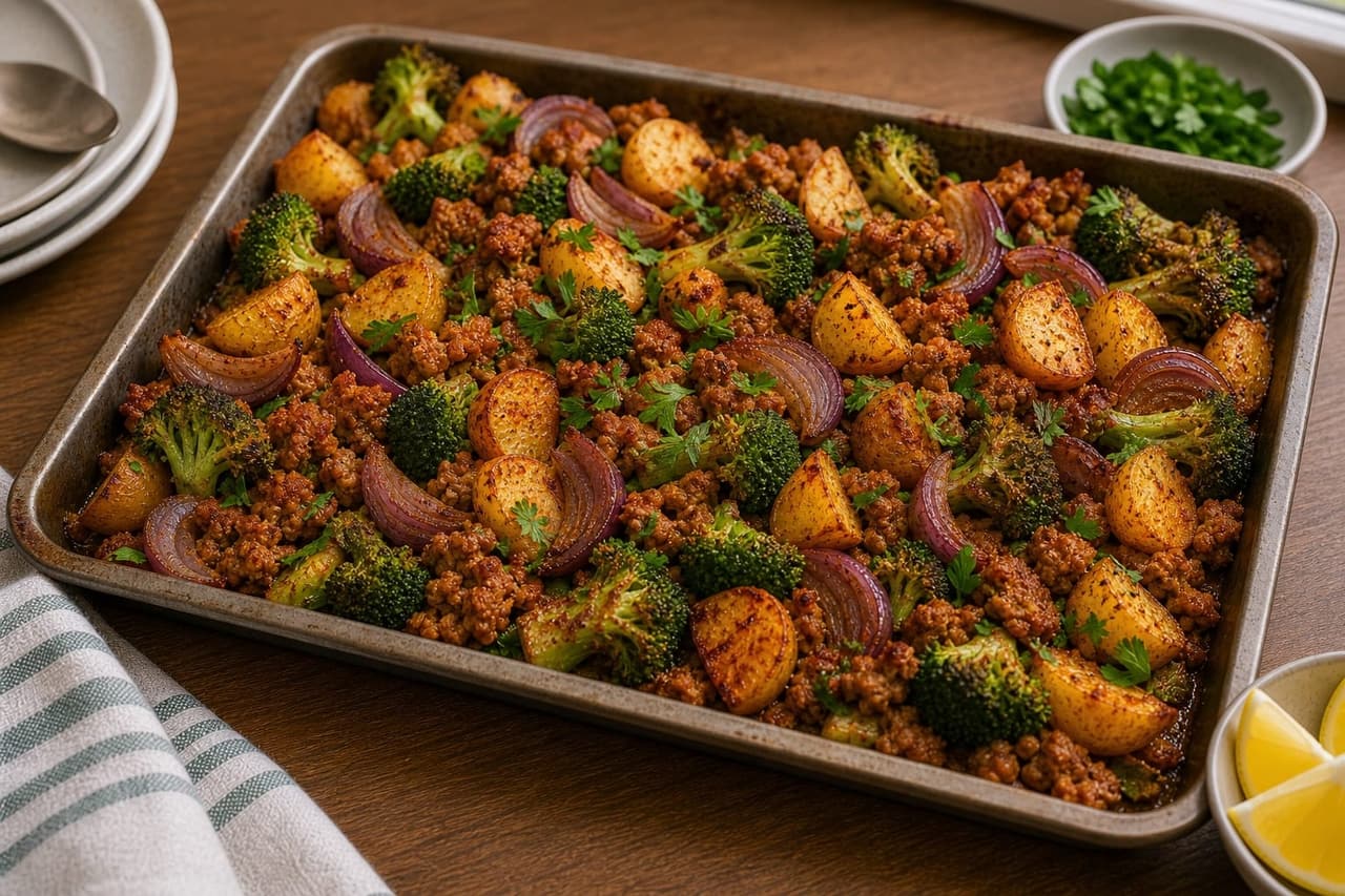 Paprika Turkey Broccoli Traybake plated and ready to serve.