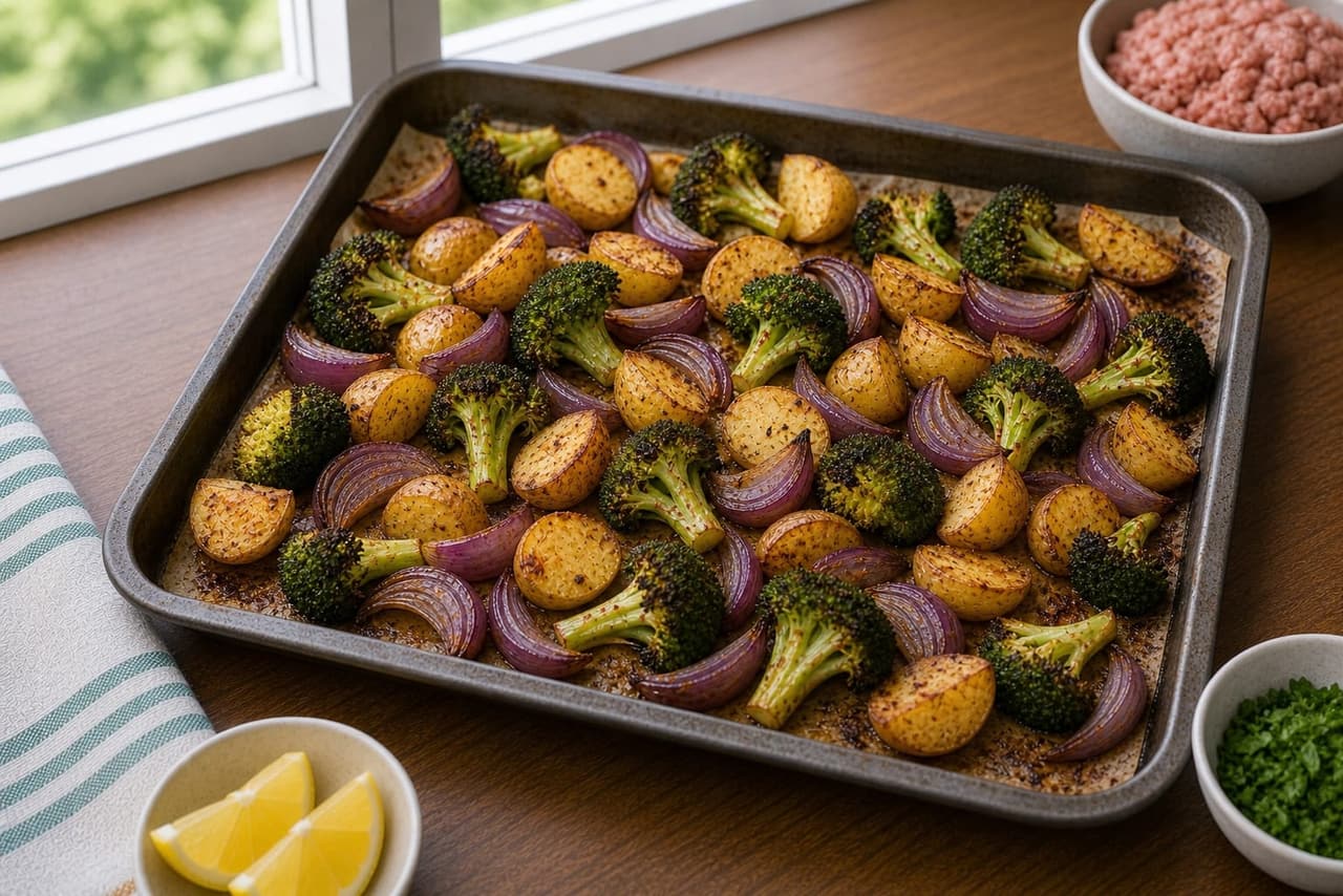 Paprika Turkey Broccoli Traybake cooking step 3: Roast the vegetables.