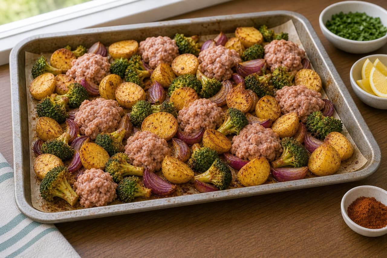 Paprika Turkey Broccoli Traybake cooking step 4: Add the protein.