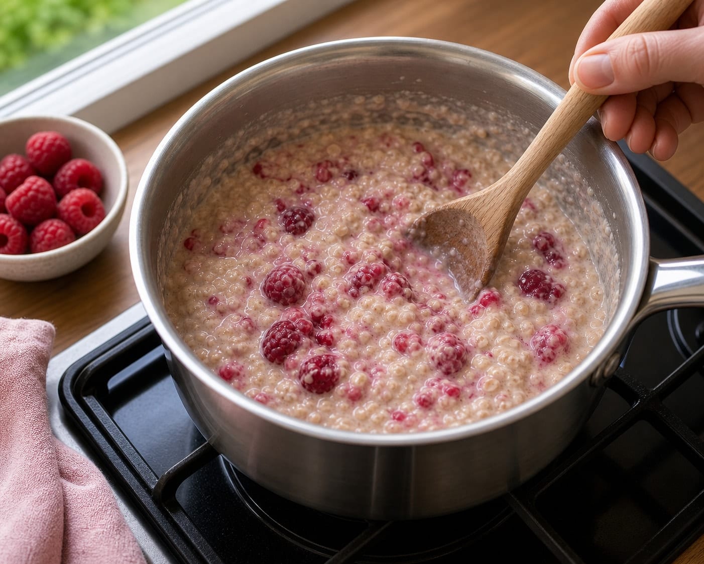Raspberry Ginger Sunflower Seed Porridge cooking step 3: Warm the fruit.