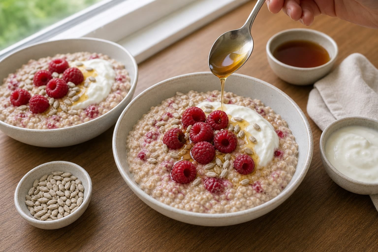 Raspberry Ginger Sunflower Seed Porridge cooking step 5: Finish the bowls.