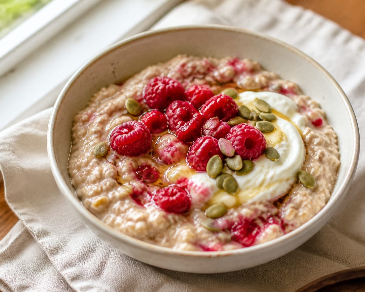Raspberry Vanilla Pumpkin Seed Porridge plated and ready to serve.