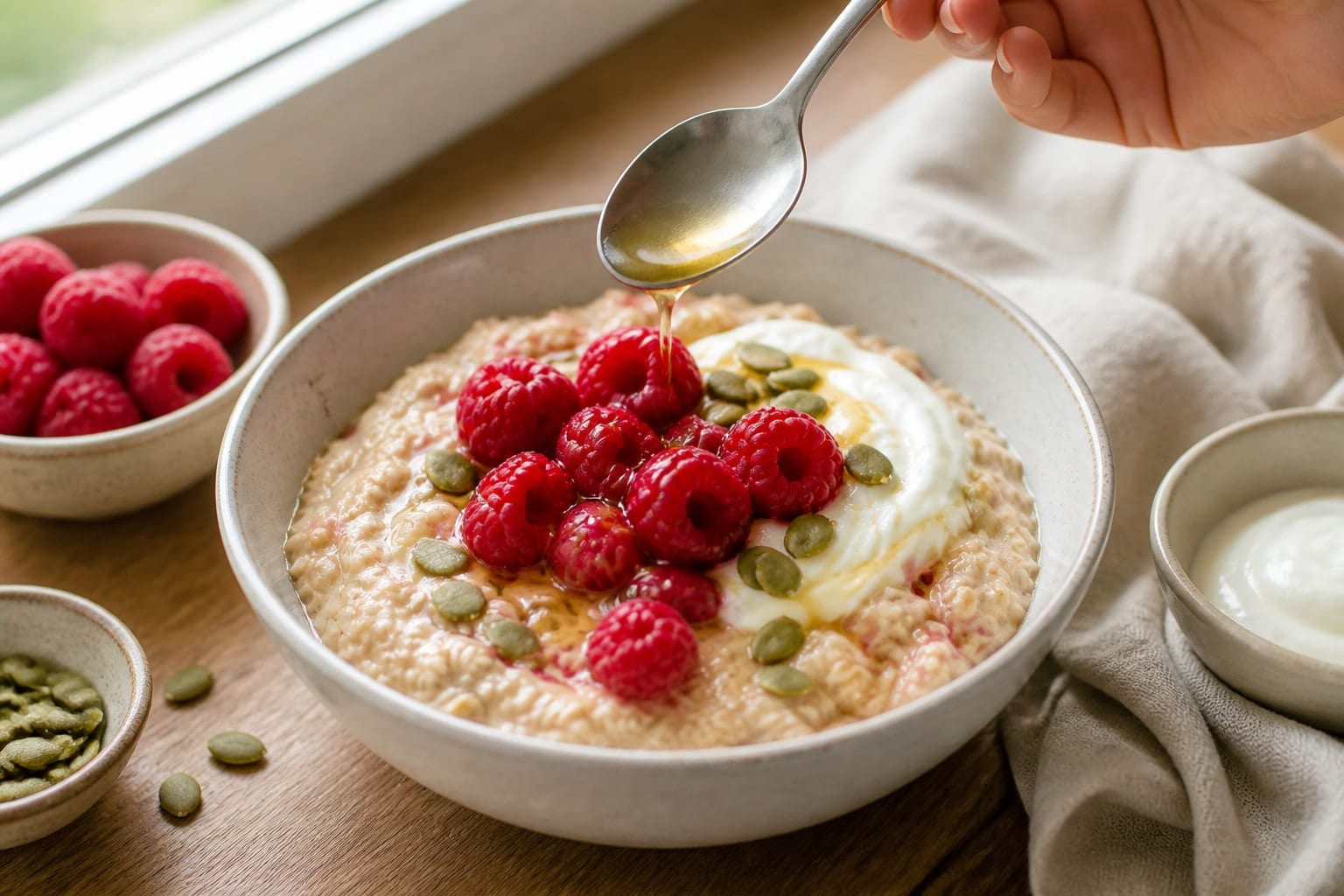 Raspberry Vanilla Pumpkin Seed Porridge cooking step 5: Finish the bowls.