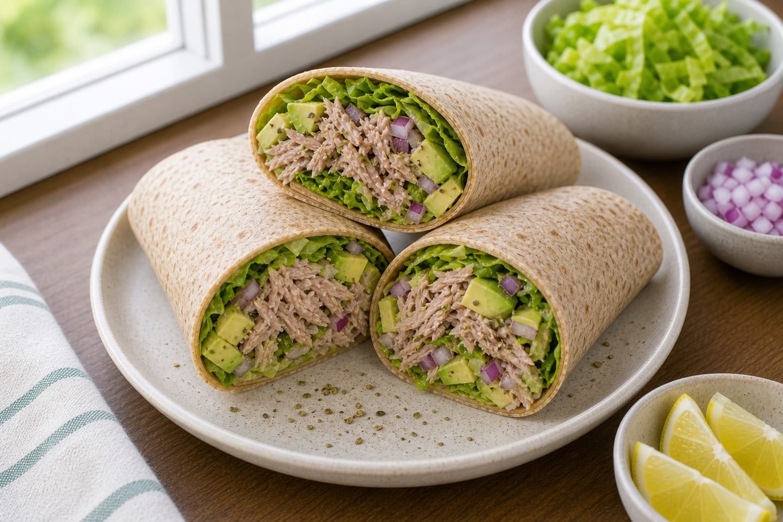 Tuna Avocado Lemon Wraps plated and ready to serve.