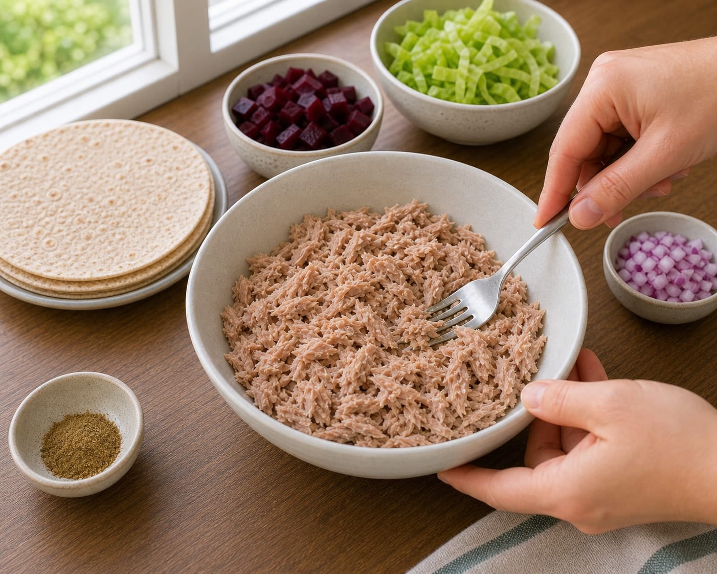 Tuna Beetroot Lime Wraps cooking step 2: Prepare the protein.