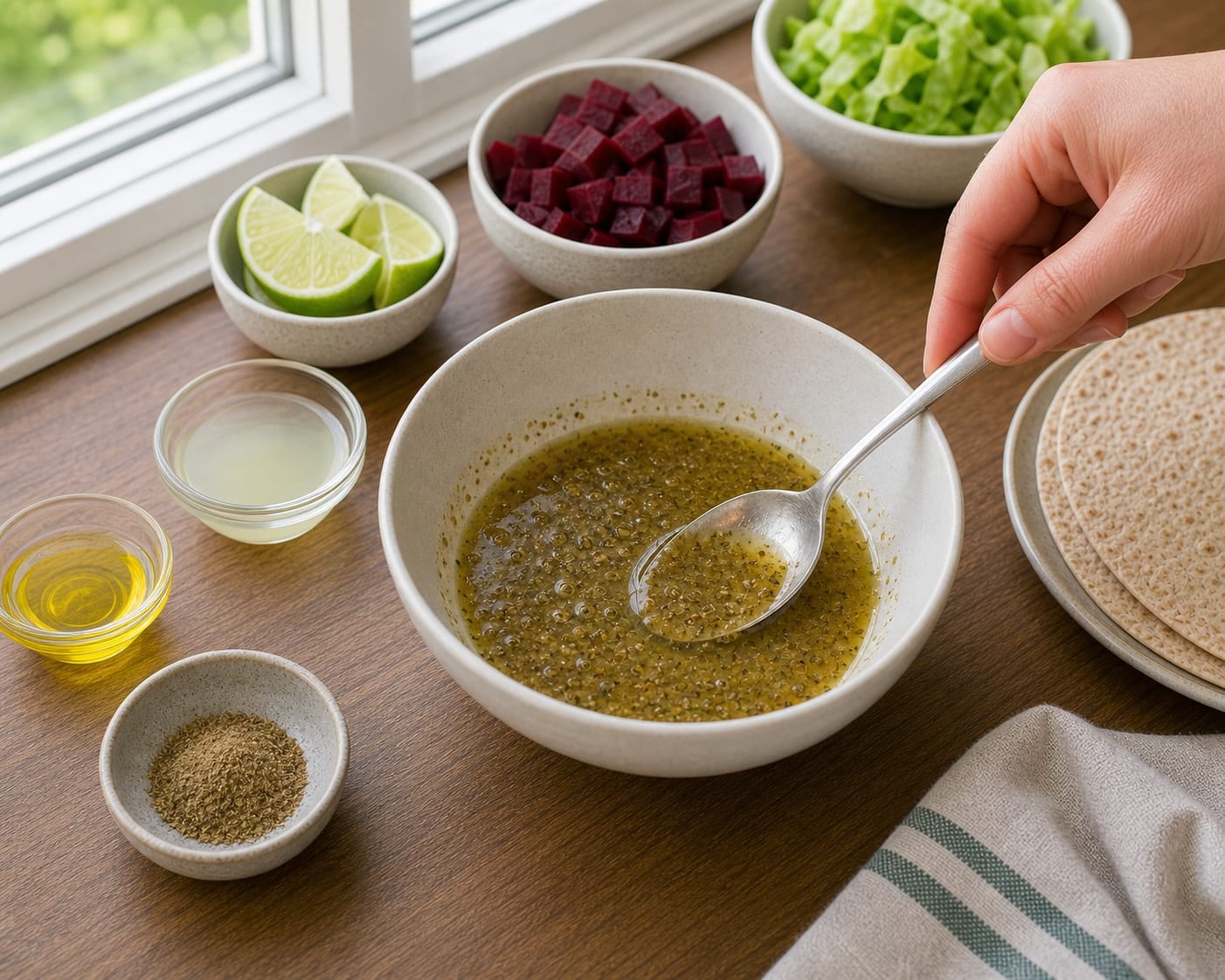 Tuna Beetroot Lime Wraps cooking step 3: Make the dressing.