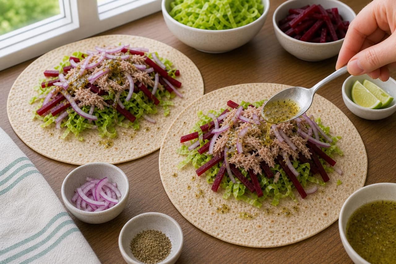 Tuna Beetroot Lime Wraps cooking step 4: Fill the wraps.