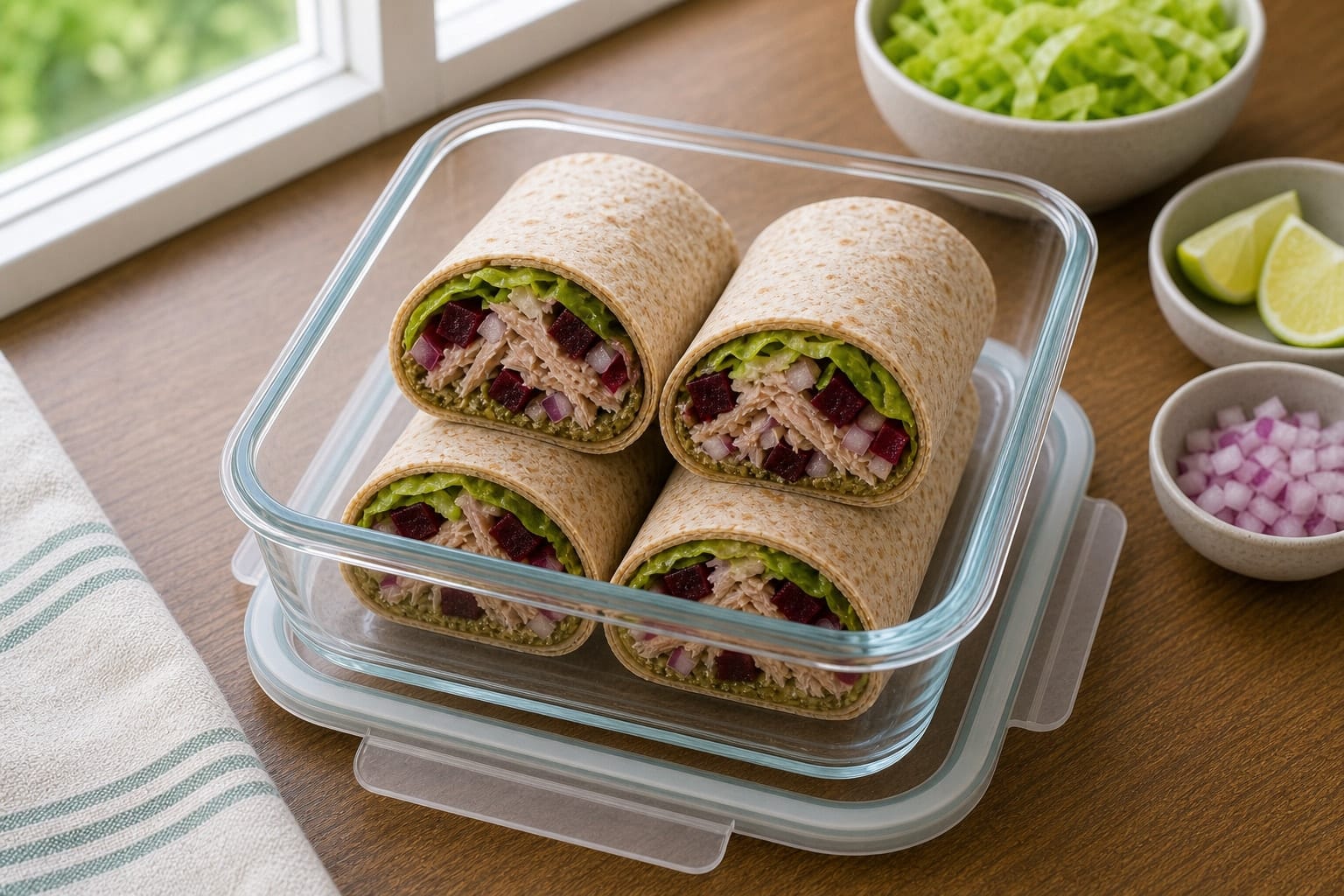 Tuna Beetroot Lime Wraps cooking step 5: Roll and pack.