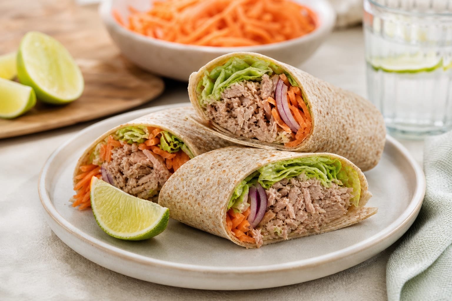Tuna Carrot Lime Wraps plated and ready to serve.