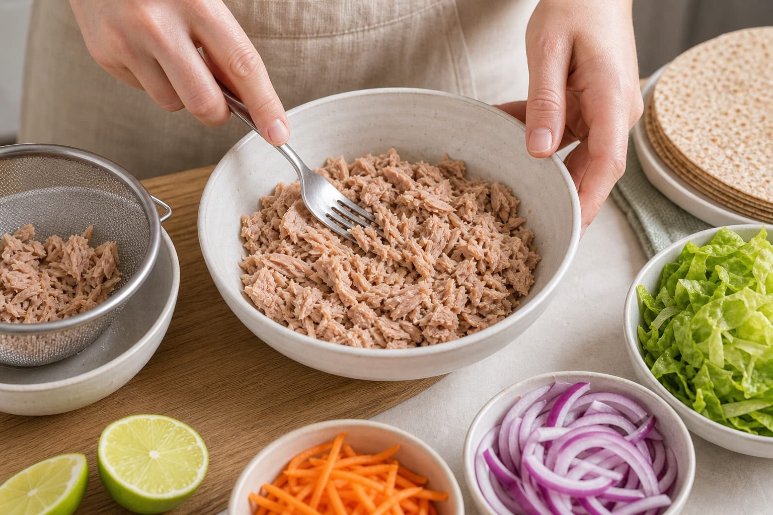 Tuna Carrot Lime Wraps cooking step 2: Drain the tuna.