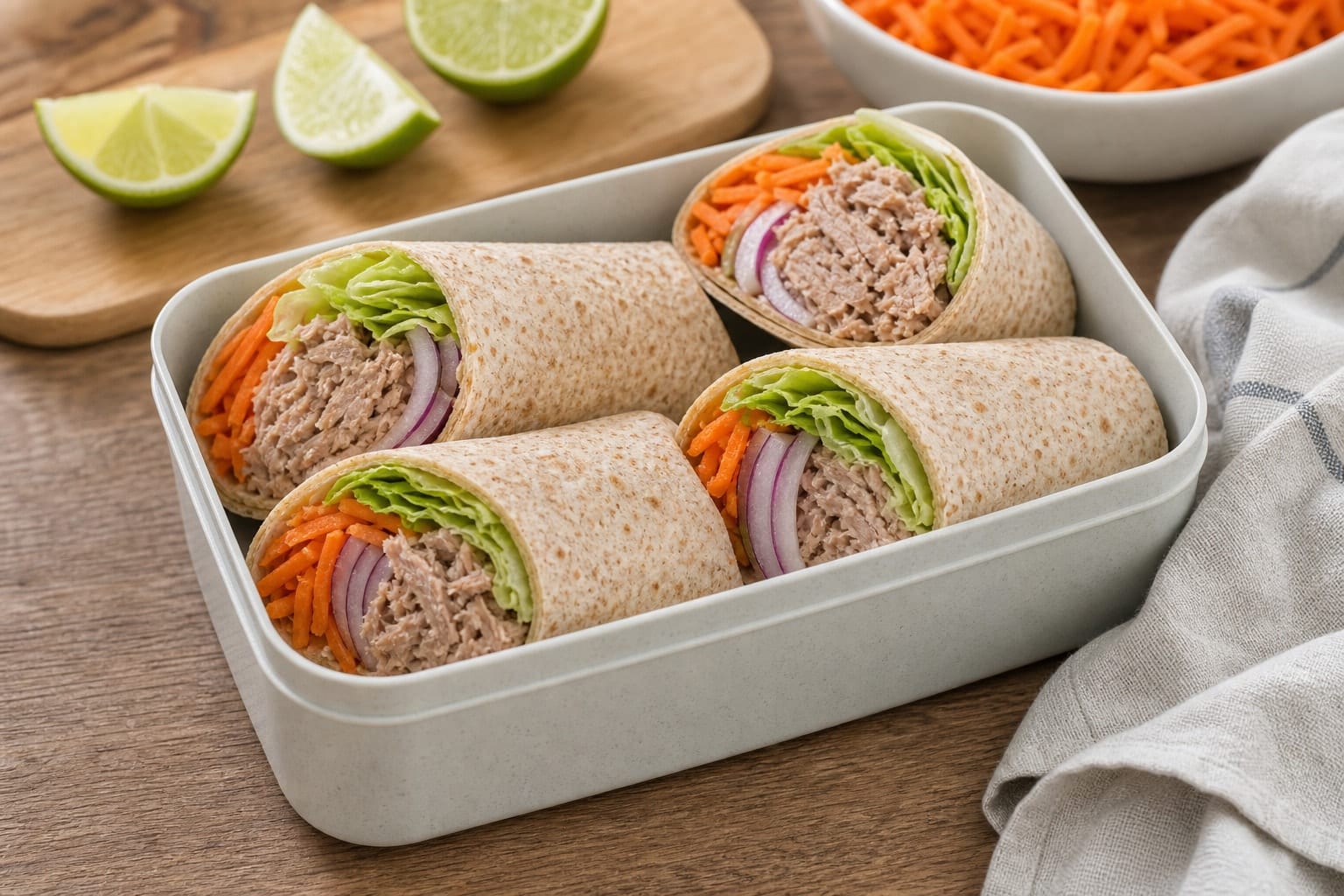 Tuna Carrot Lime Wraps cooking step 5: Roll and pack.