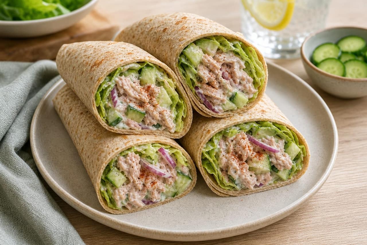Tuna Cucumber Yoghurt Wraps plated and ready to serve.