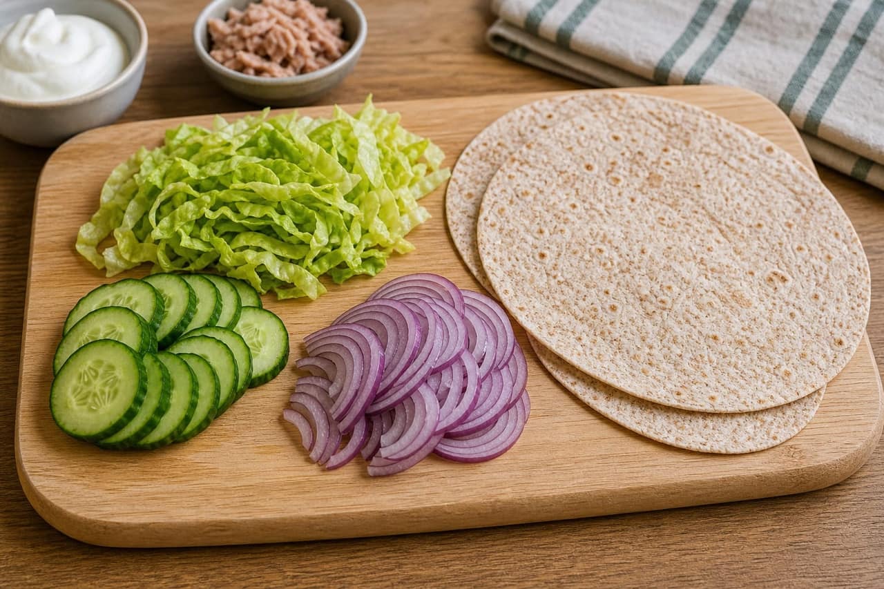 Tuna Cucumber Yoghurt Wraps cooking step 1: Prepare the vegetables.