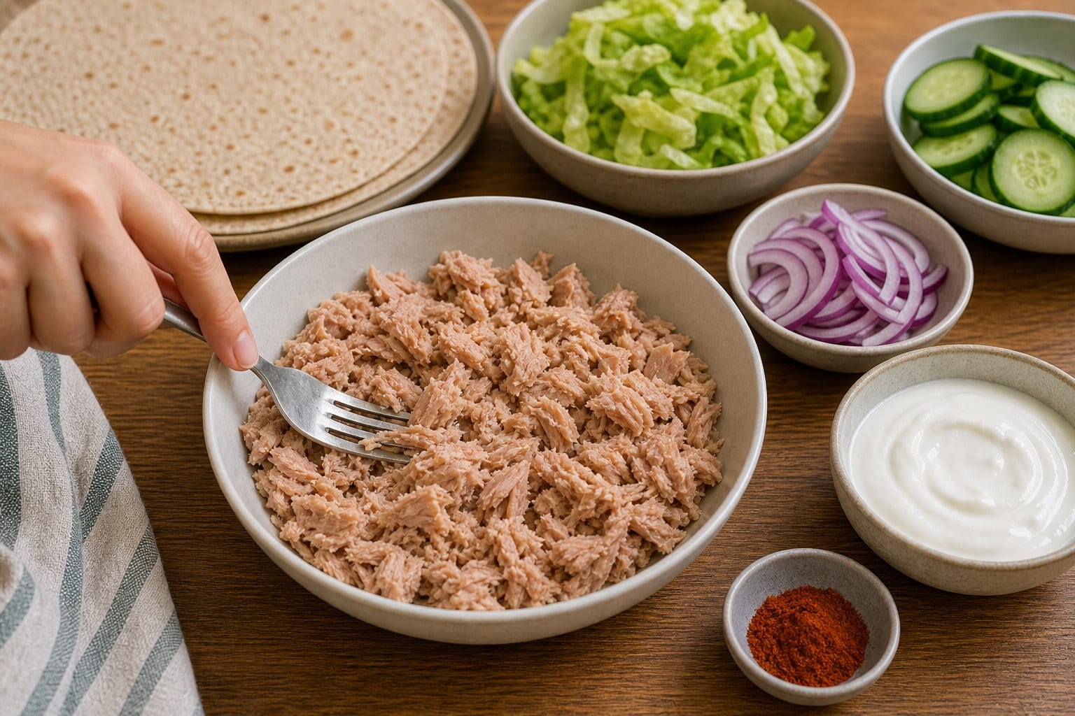 Tuna Cucumber Yoghurt Wraps cooking step 2: Prepare the protein.