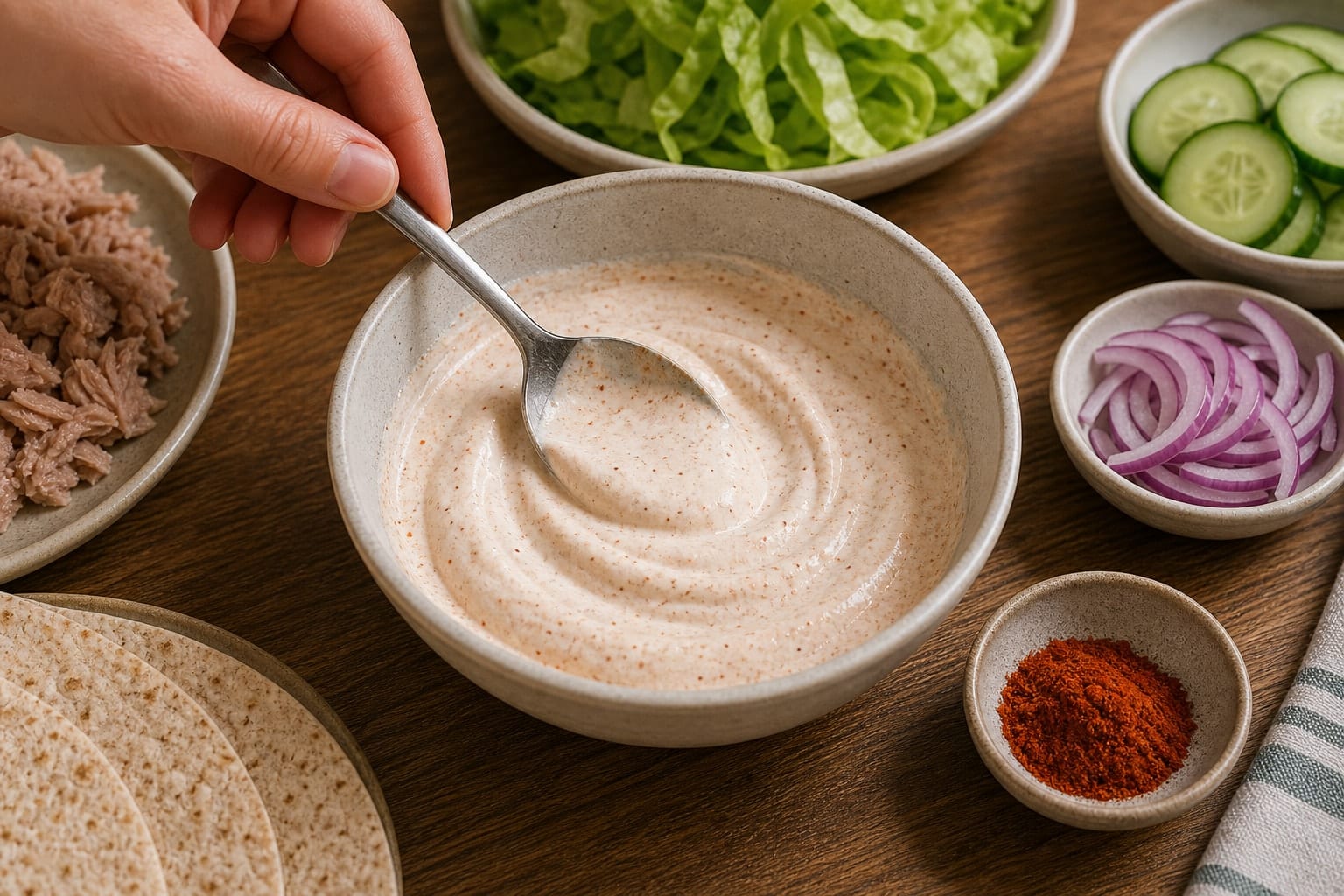 Tuna Cucumber Yoghurt Wraps cooking step 3: Make the dressing.