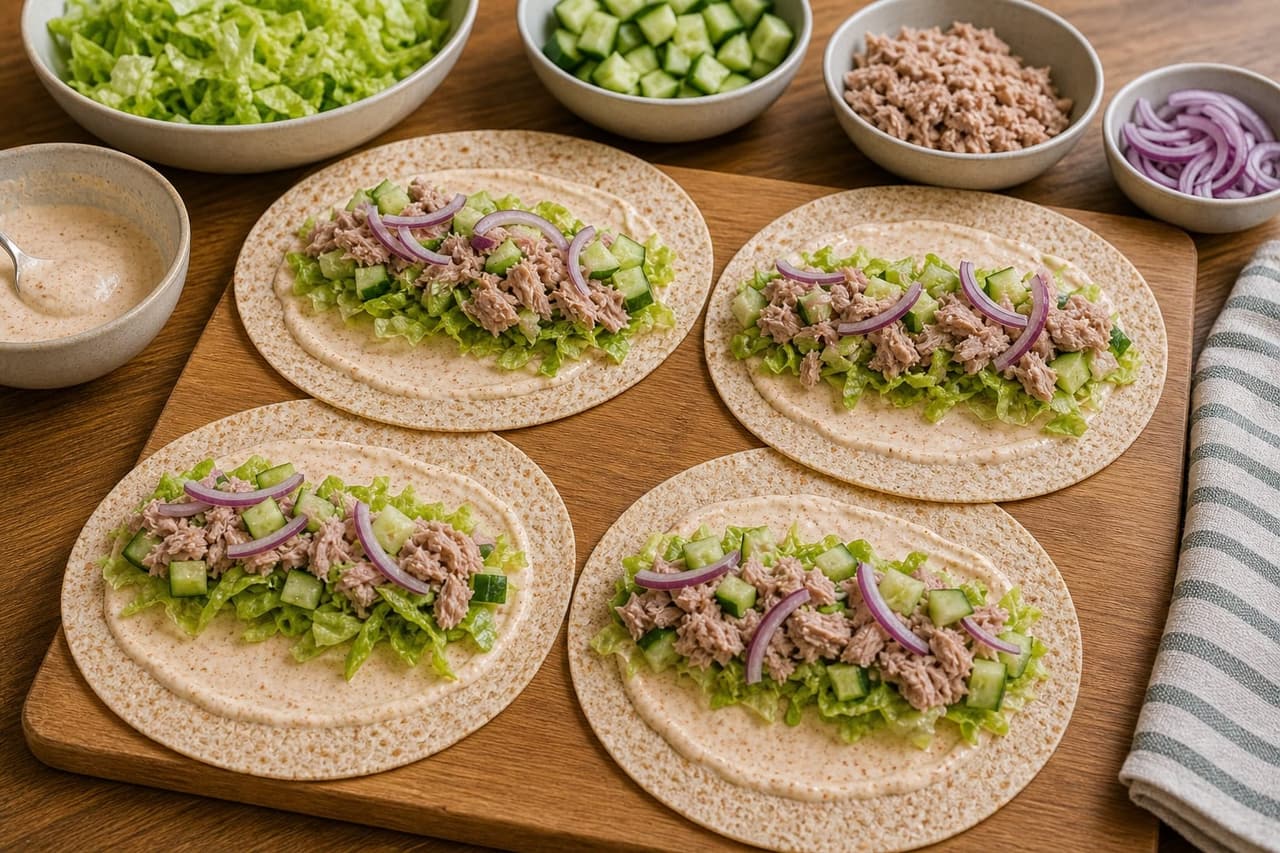 Tuna Cucumber Yoghurt Wraps cooking step 4: Fill the wraps.