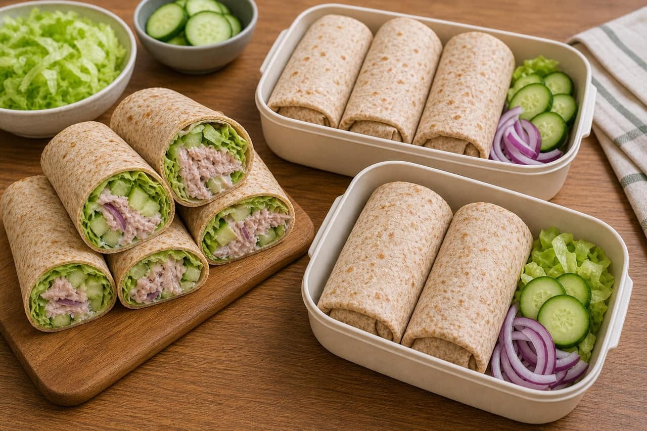 Tuna Cucumber Yoghurt Wraps cooking step 5: Roll and pack.