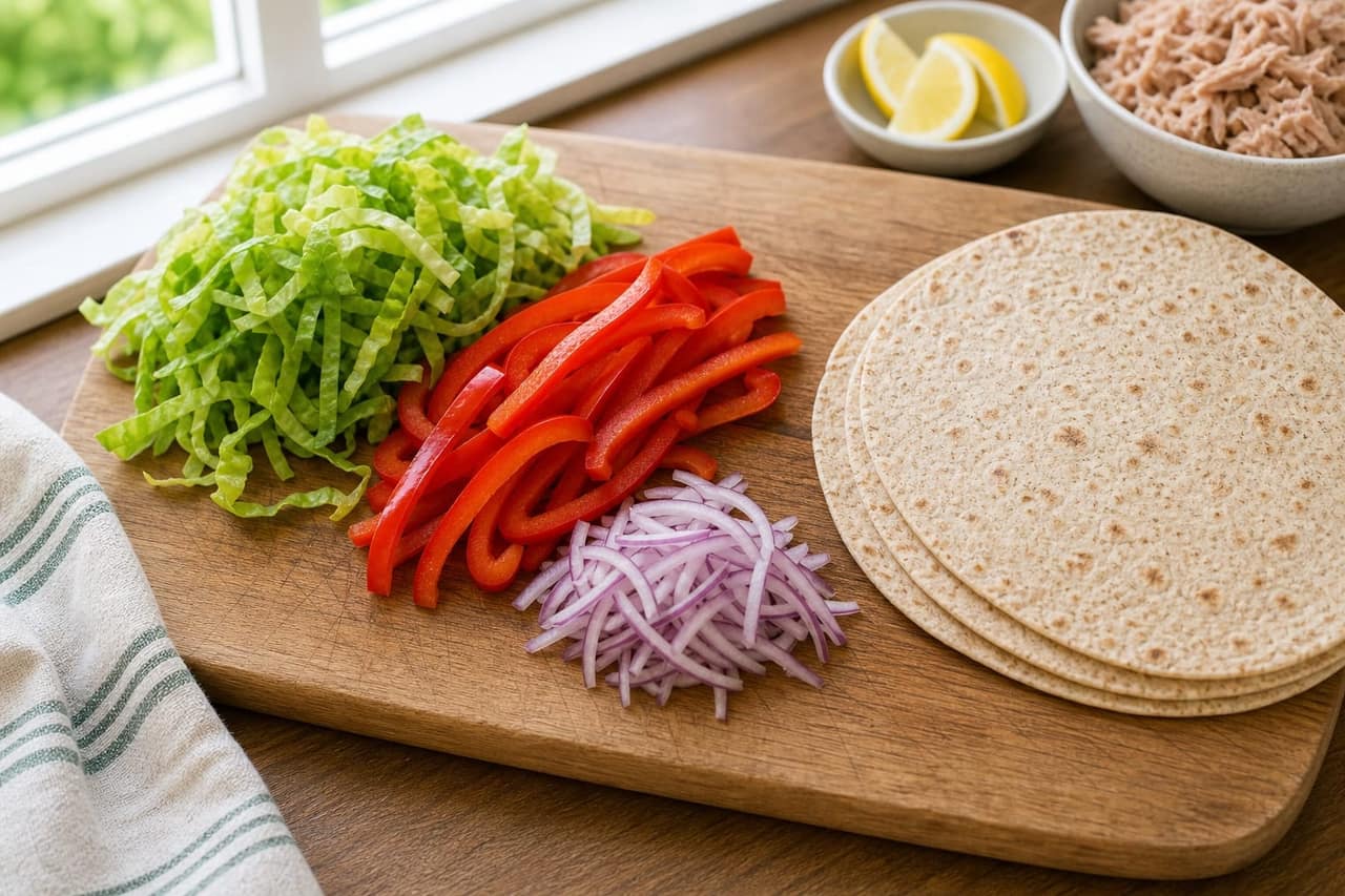 Tuna Pepper Lemon Wraps cooking step 1: Prepare the vegetables.