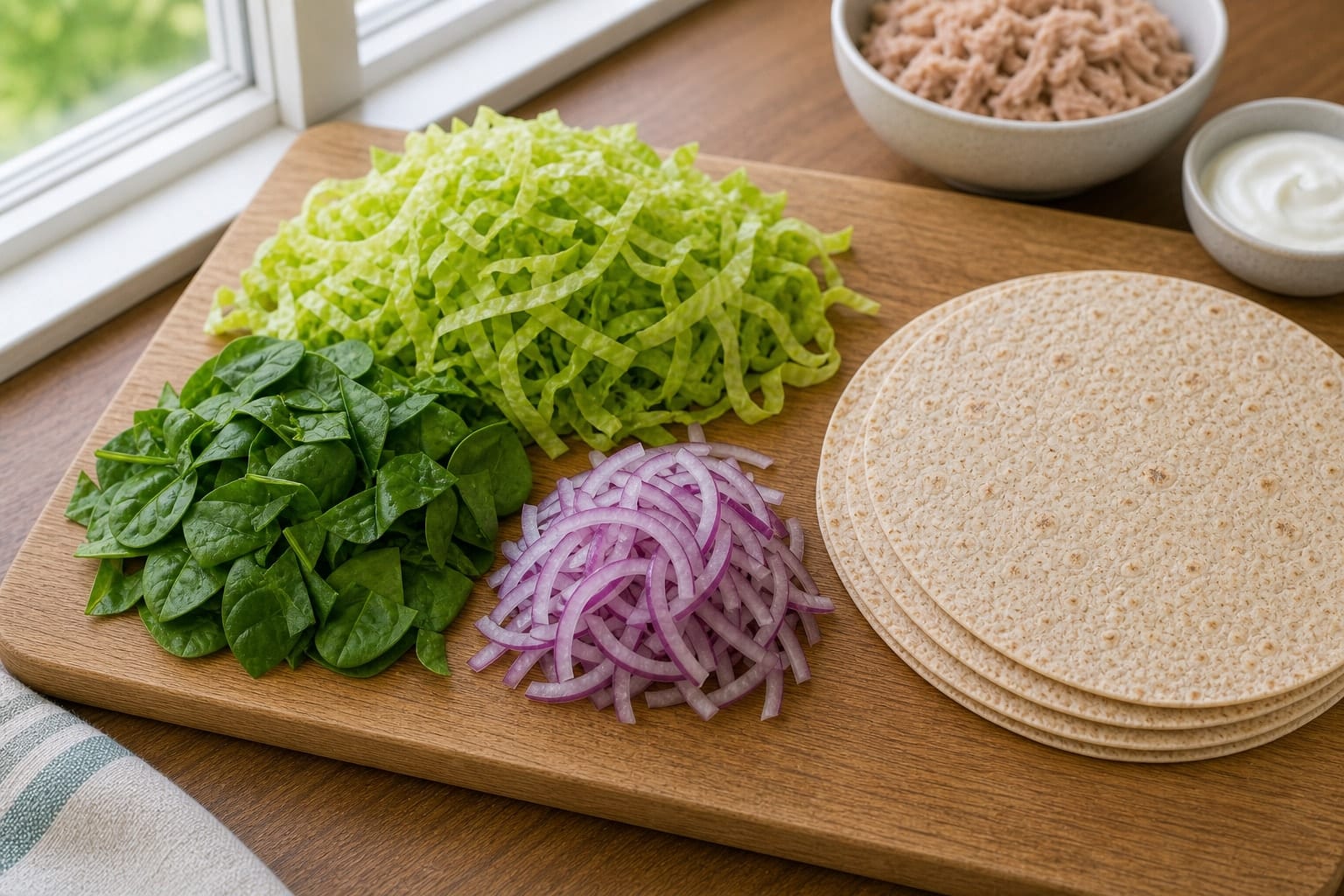 Tuna Spinach Yoghurt Wraps cooking step 1: Prepare the vegetables.