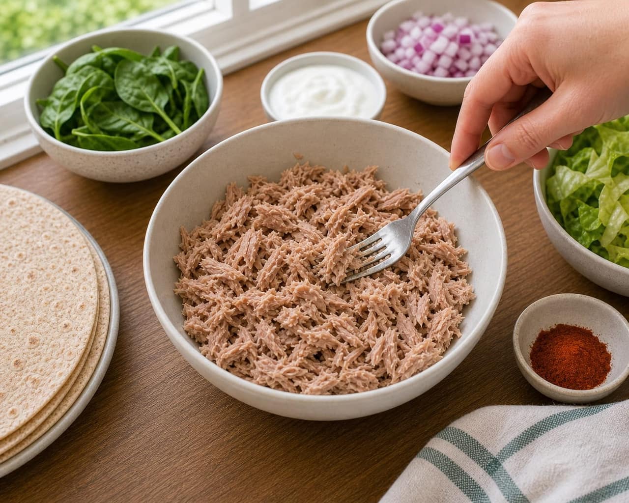 Tuna Spinach Yoghurt Wraps cooking step 2: Prepare the protein.
