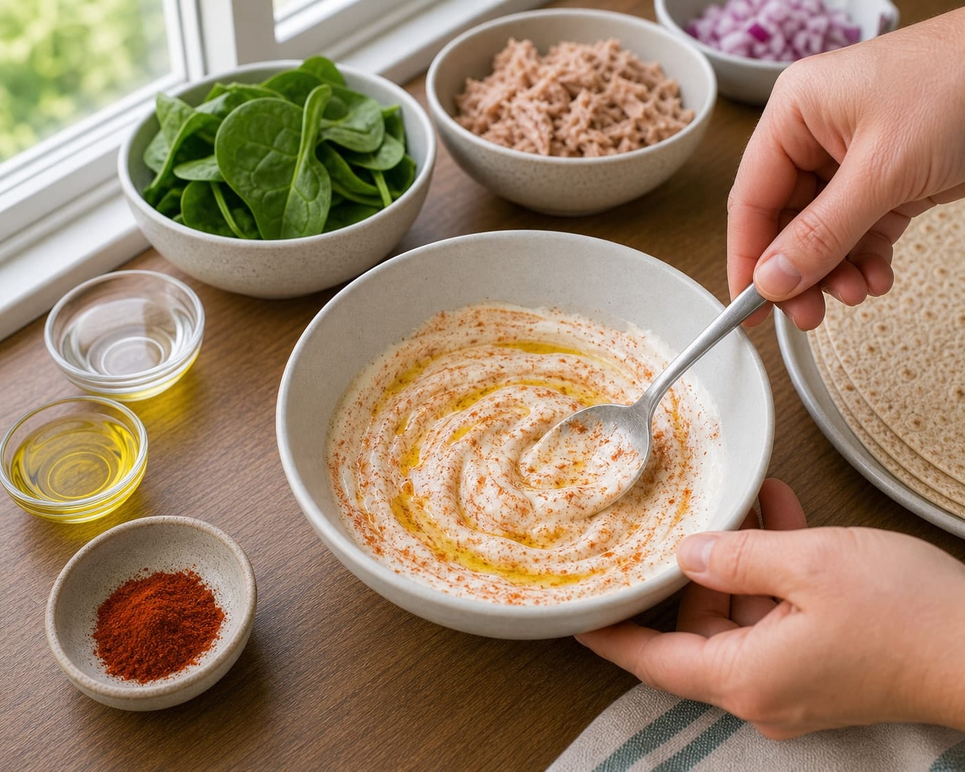 Tuna Spinach Yoghurt Wraps cooking step 3: Make the dressing.