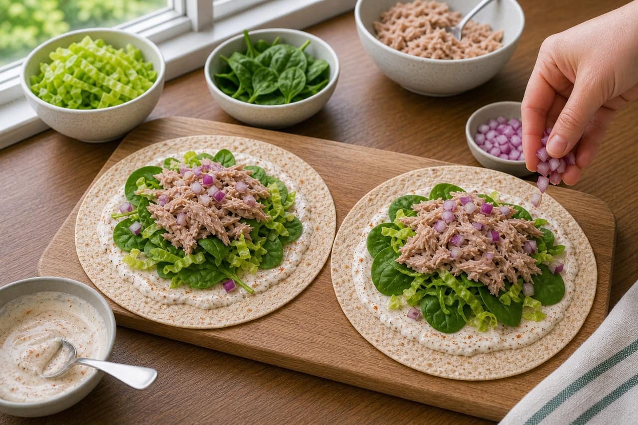 Tuna Spinach Yoghurt Wraps cooking step 4: Fill the wraps.