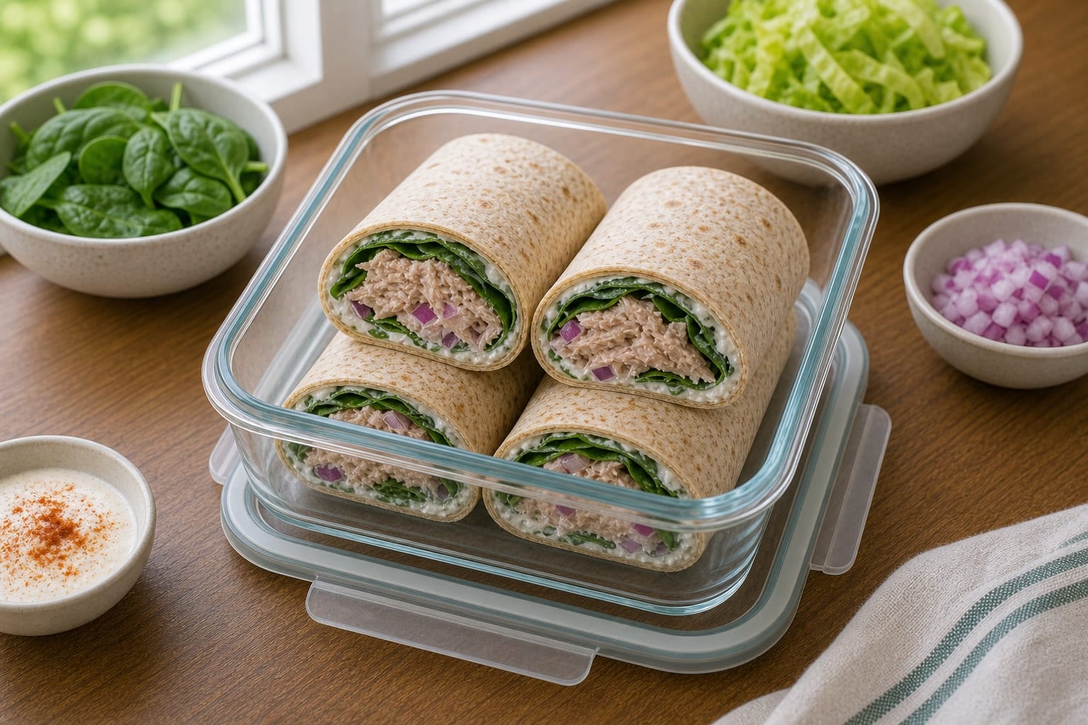 Tuna Spinach Yoghurt Wraps cooking step 5: Roll and pack.