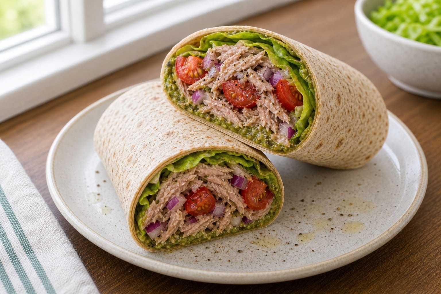 Tuna Tomato Pesto Wraps plated and ready to serve.